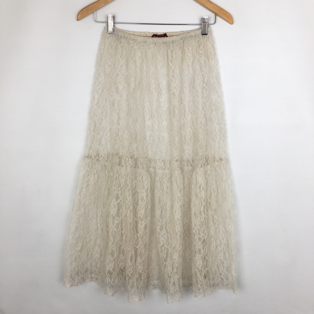 Coastal Cowgirl Boho Maxi Skirt Ivory Cream Floral Lace Tiered Feminine Sheer